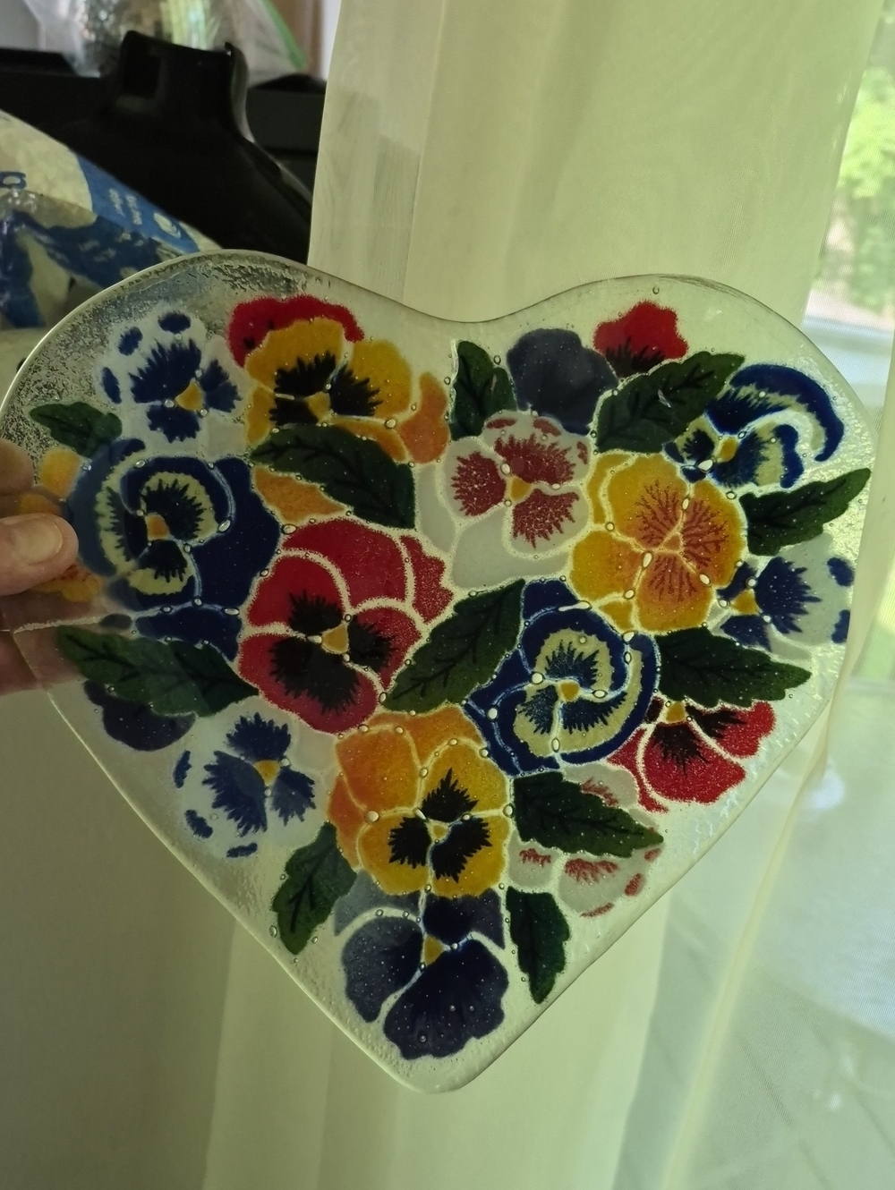 Peggy Karr Studio Art fused glass heart shape vibrant pansy Bowl Decor Signed